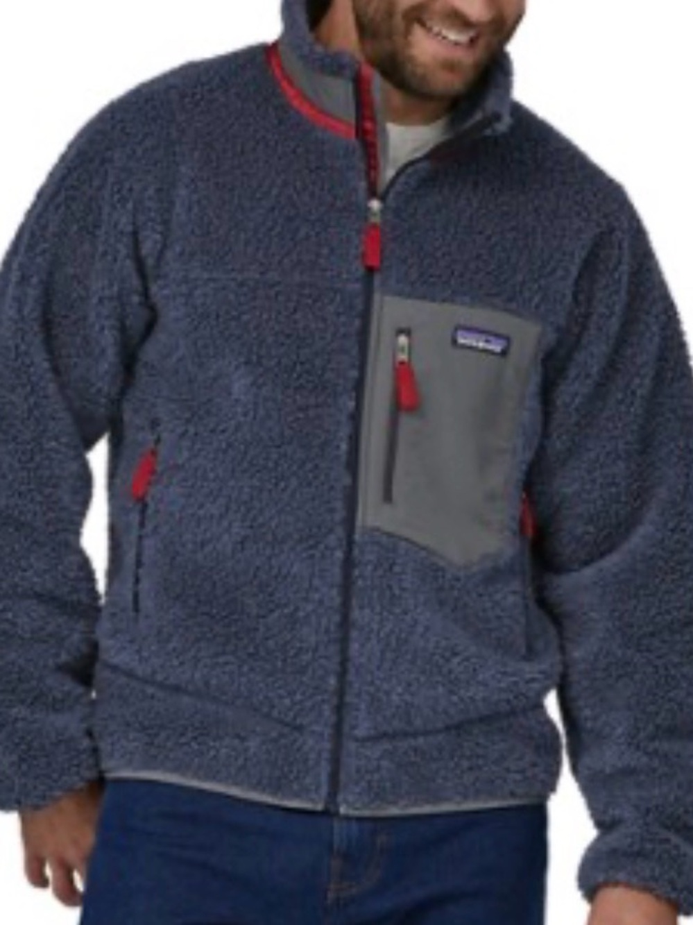 Patagonia Navy Sherpa Fleece Jacket with Gray Chest Pocket and Red Accents